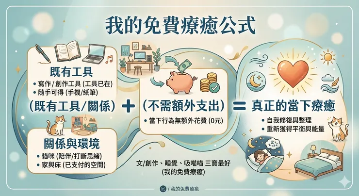 ✍️ 創作 → 用既有工具（手機／電腦） → 5G流量背景成本 ✔ 💤 睡覺 → 幾乎零啟動成本 → 直接成立 ✔ 🐱 吸貓 → 飼養是生活／關係成本，療癒是附加效果 ✔