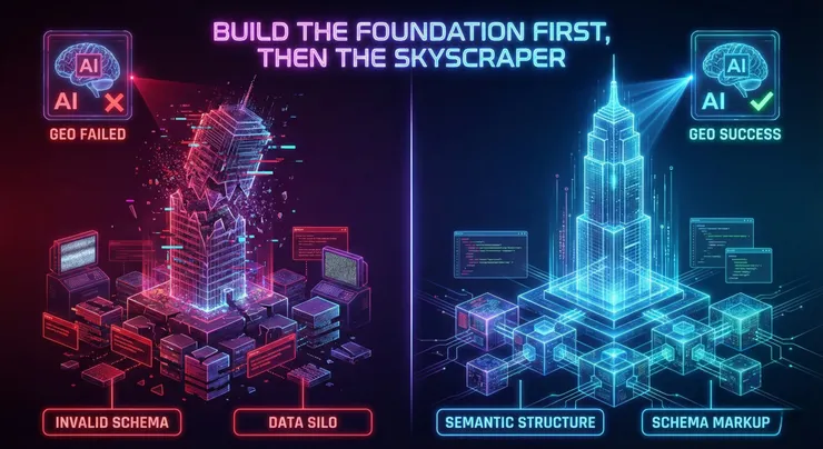 呈現傳統搜尋流量圖表與 AI 大腦節點的對比意象，或是地基與摩天大樓的視覺隱喻