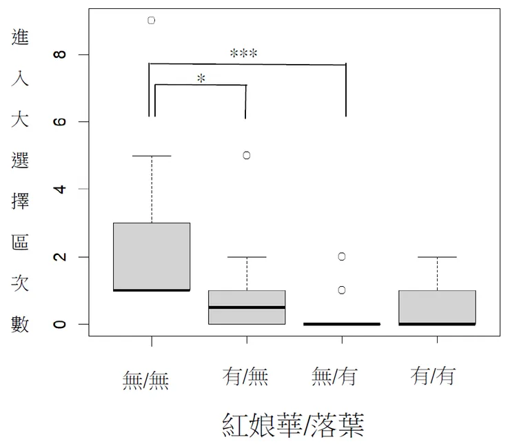 紅娘華/落葉的蝌蚪進入5隻蝌蚪選擇區次數比較