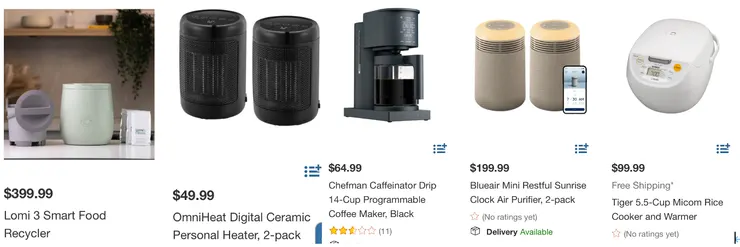 左起：食物回收處理器、2pcs個人陶瓷暖氣、滴泡式咖啡壺、空氣濾淨器、虎牌飯鍋。