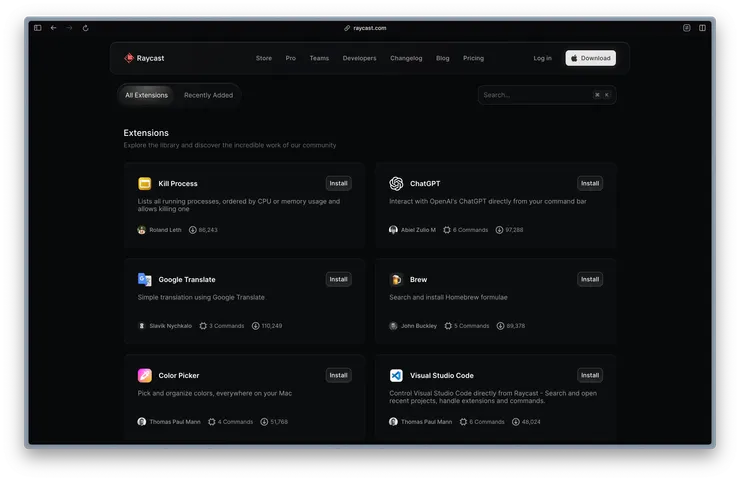 Raycast 擴充商店展示了琳瑯滿目的擴充。