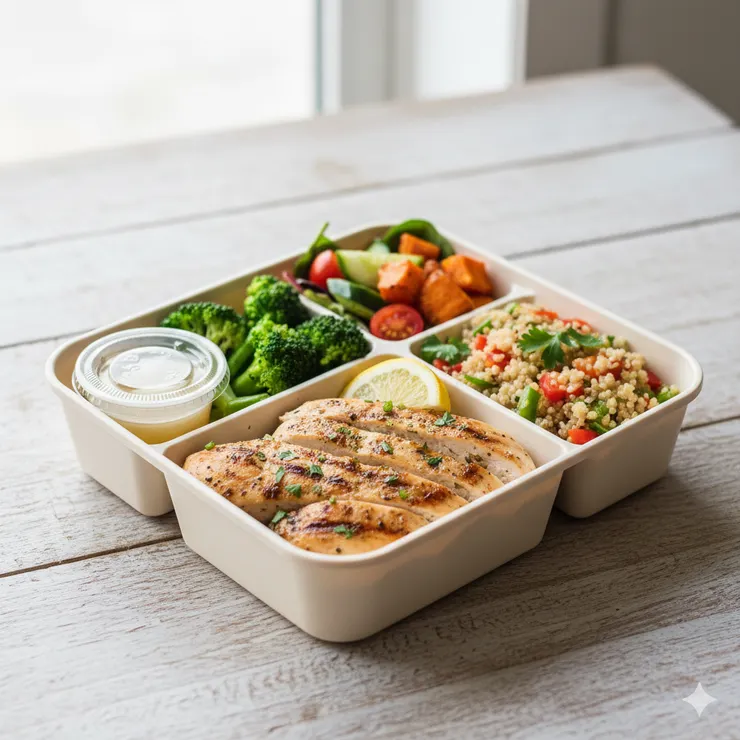 健康餐盒，多樣配菜，色彩自然，真實食物風格，適合健康餐品牌使用