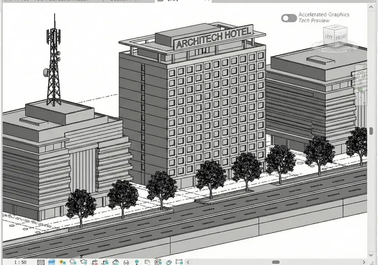 Revit hotel exterior model for Render AI Image Generator workflow