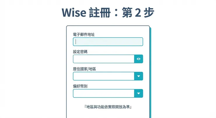 Wise 註冊第 2 步：填寫 Email、設定密碼、選擇地區與常用幣別