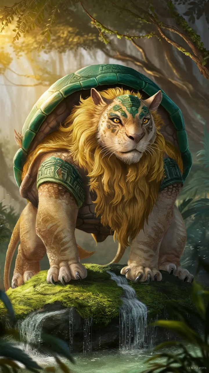 In a lush, magical forest, a majestic hybrid creature merges the essence of a turtle and a lion. Its emerald-green shell, adorned with ancient tribal symbols, shines brilliantly under the golden sun. A cascade of golden fur flows from its neck like a waterfall, framing its strong, confident stance on a moss-covered rock. The creature's wise, piercing eyes capture both the serene nature of a turtle and the fierce spirit of a lion. The surroundings come alive with rustling foliage and singing birds, creating a harmonious symphony that accentuates the creature's royal aura.
