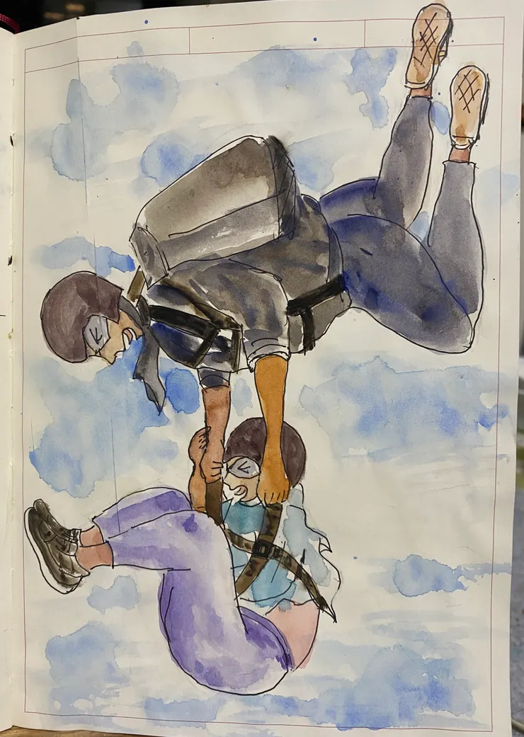 想畫出兩人在空中驚嚇大叫的場面（危險動作請勿模仿）