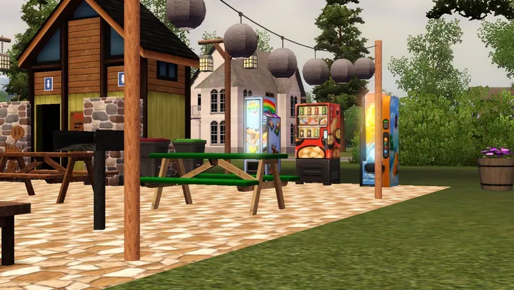 這區域不是草地，而是石磚，還有一串大燈。