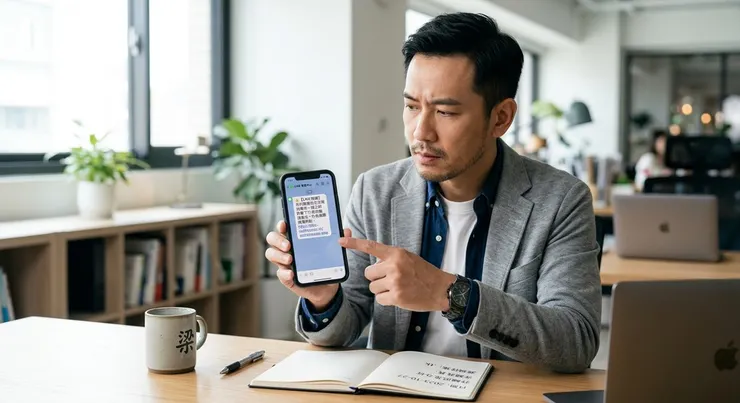 梁練偉仔細審視手機上的假訊息，揭露通訊App詐騙話術。