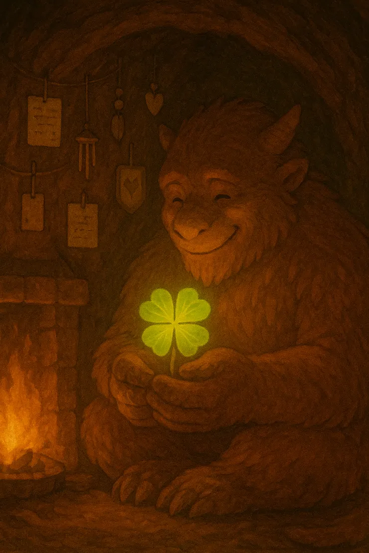   一顆由種子成長而成的幸運四葉草被放在火光旁，它的重量不是泥土，而是象徵幸運、被理解的沉默與溫柔。