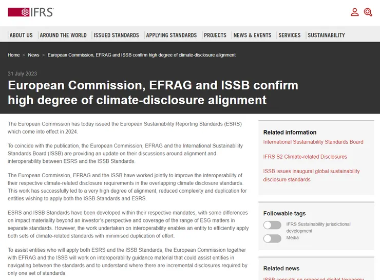 對於ESRS，IFRS強調會保持與 ISSB 標準之間的相互對應，資料來源：IFRS