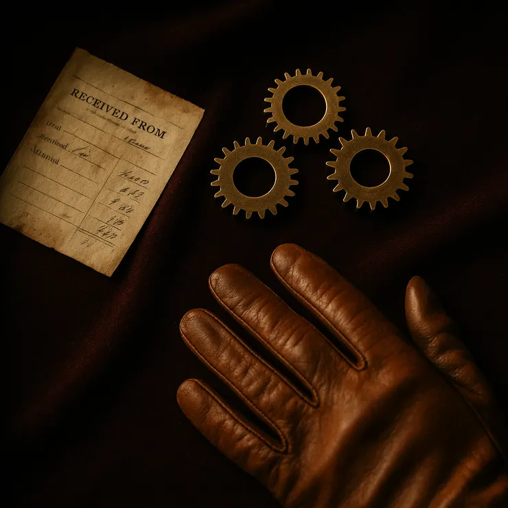 絨布上並列齒輪與褪色收據；旁邊一只退半指的手套。