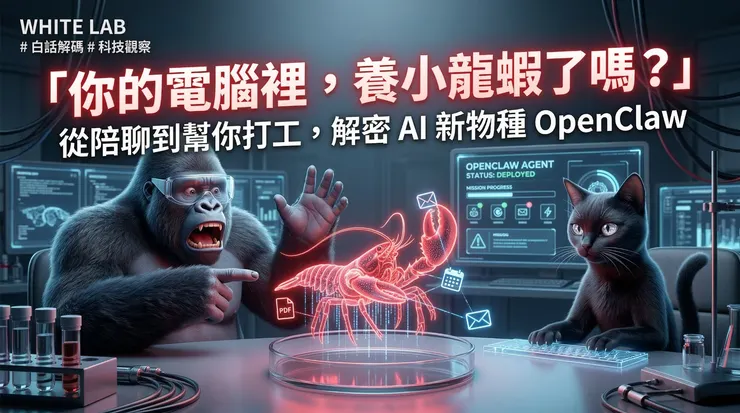 White-Lab 白話實驗室插圖：宙猩與墨星觀察 AI Agent「OpenClaw」小龍蝦，象徵 AI 正從聊天工具進化為能自動執行任務的代理型 AI。