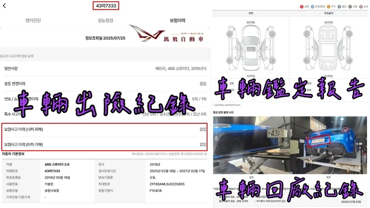 Ferrari 488 Spider 3.9外匯車車況、鑑定報告、回廠紀錄。