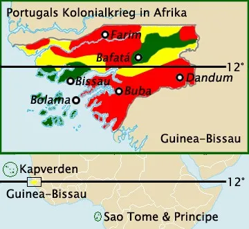 1970年的對峙態勢。綠色為葡軍掌握；紅色為反抗軍掌握
