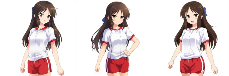 Prompt：An anime-style amazing upper-body illustration of zzArisuTachibana against white background. She is wearing her white short-sleeved gym shirt with red trim, paired with red gym shorts.