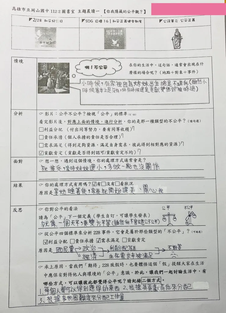 從情境到結果，孩子內在的不公平並沒有被全然傾聽，只能慶幸大人沒有將孩子的付出行動是為理所當然，能適時地給予讚美與關心，即使不公平的現象並沒有解決，但覺得不公平的內在是被部分承接了。