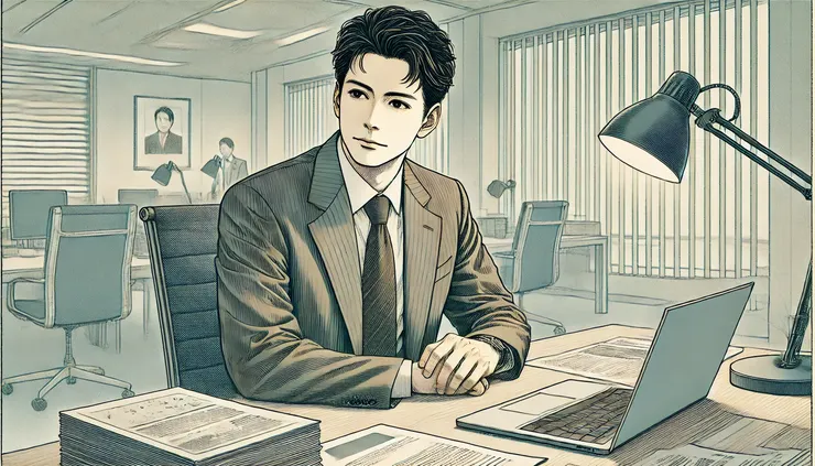 一位中高齡上班族坐在辦公桌前,神情若有所思,象徵在職場裡反思未來。