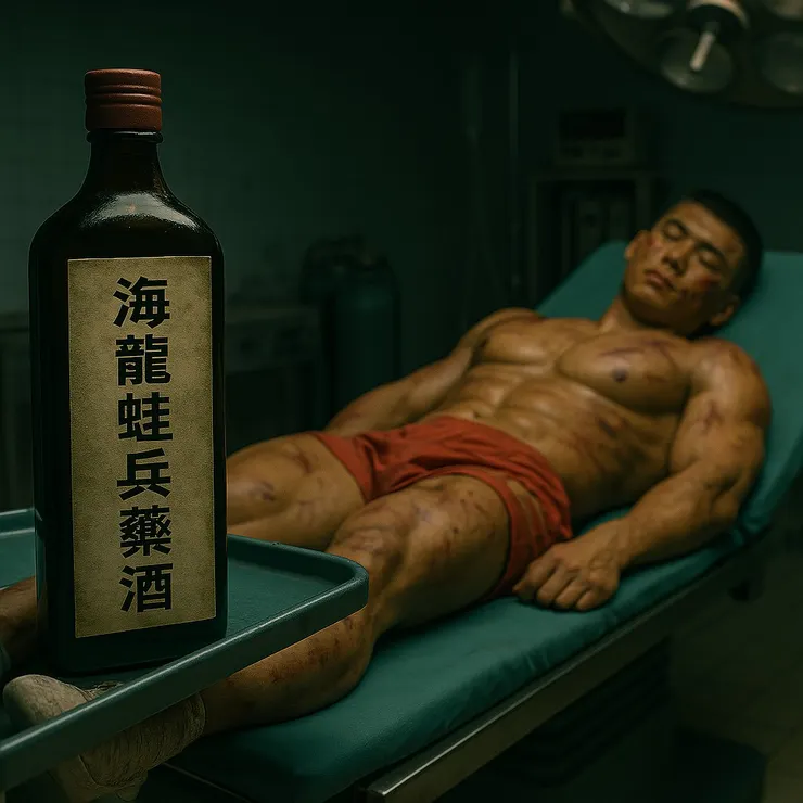 聽聞這個帥氣精實的小蛙兵被割下的巨大陰莖和睪丸最後還被泡到人參酒裡，成了無數俱樂部貴客吹捧、可以用來強筋健骨、壯陽滋陰，補腎固元的「蛙兵鞭酒」。