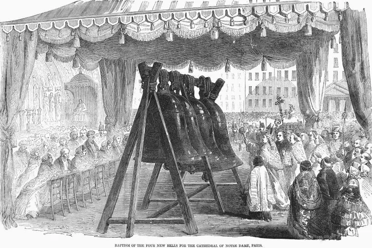 「巴黎聖母院」四口新鐘的「洗禮」儀式。1856年6月4日,「巴黎聖母院」教士為巴黎聖母院的鐘舉行了「祝聖」儀式。