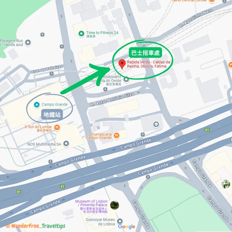 巴士站搭車處地圖。資料來源 : Google map, Wanderfree_Traveltips整理