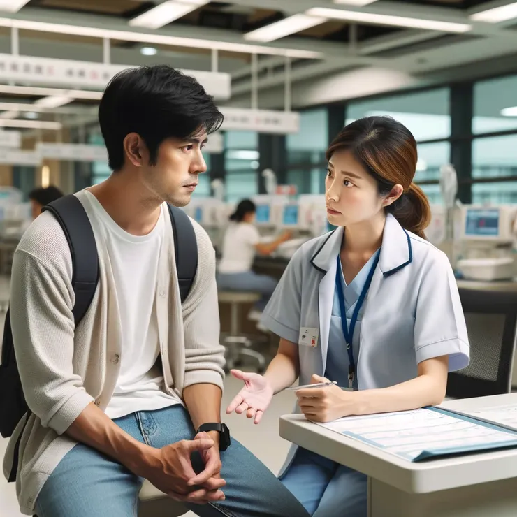 父親與護士在醫院護理站裡討論