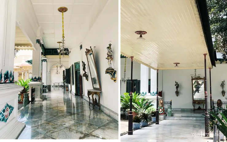 日惹王宮內庭白色回廊，擺滿精緻裝飾品與植栽