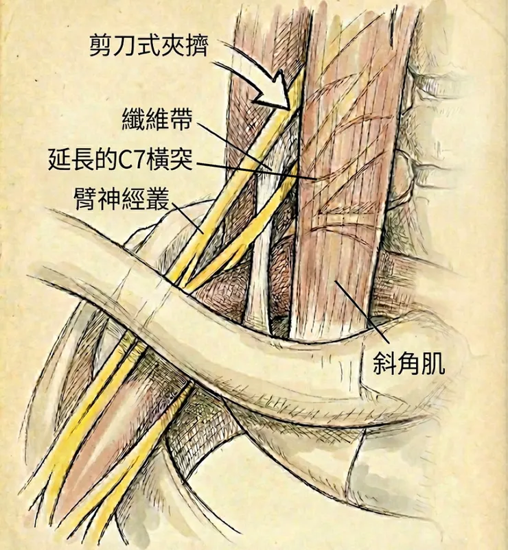 剪刀式夾擠：斜角肌與纖維帶前後夾擊神經