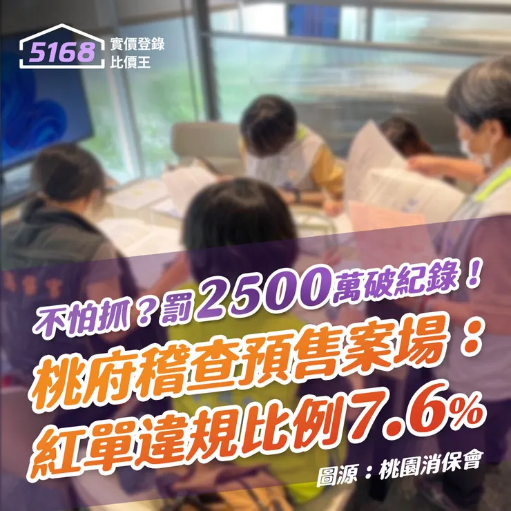 不怕抓？罰2500萬破紀錄！桃府稽查預售案場：紅單違規比例7.6%。圖／桃園法務局