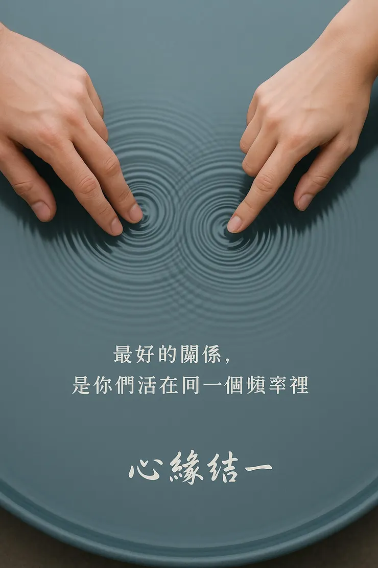 兩隻手指在水面點出同步擴散的漣漪，象徵與正緣桃花同頻共振的和諧關係。