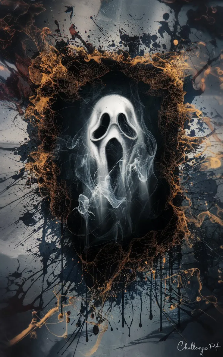 A cinematic, 8K image of a splatter art piece with alcohol ink. The piece has a smoky ghost image and is in the style of super realism and fantastic realism. It has a high detail and is signed by "Challenge2pt" on the bottom right corner. The background is complex and atmospheric. The image is a perfect wide long shot visual masterpiece.