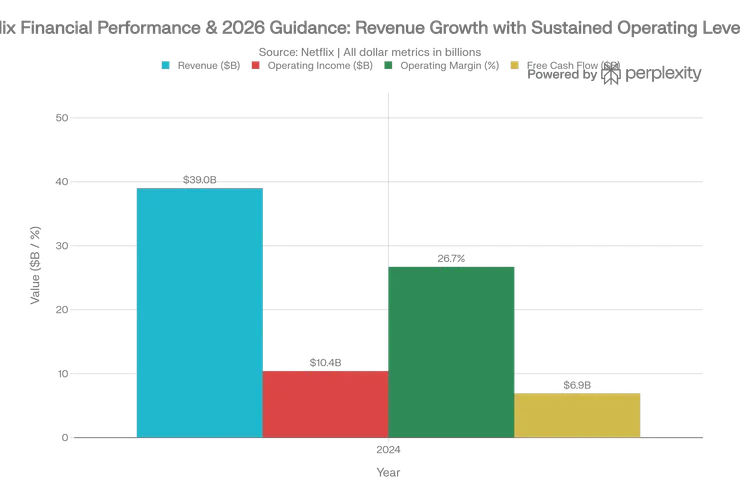 Netflix demonstrates sustained operating leverage with revenue CAGR of 8% (2024-2026E) matched by even faster operating profit growth (~12% CAGR), indicating margin expansion as the business scales. Operating margin guidance of 31.5% for 2026 implies ~200bp expansion despite $275M in WBD acquisition costs&nbsp;