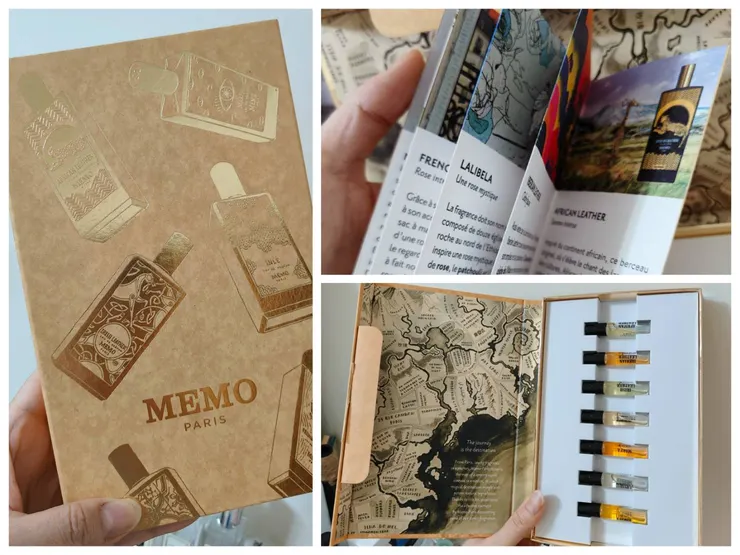 盒子外面有燙金的瓶身插畫,裡面印有復古地圖插畫