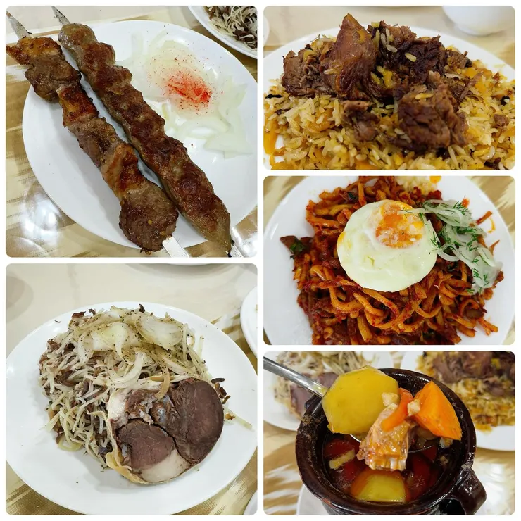 左上烤肉，左下涼拌馬肉，右上手抓飯，右中炒麵，右下羊肉湯