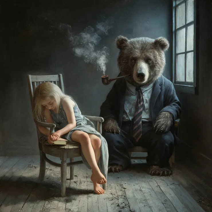 A hauntingly beautiful oil painting that captures a melancholic scene, where a young girl with blonde hair sits slouched on an old wooden chair in a dimly lit room. She tenderly holds a book on her lap, providing a stark contrast to her gloomy surroundings. A large, anthropomorphic bear dressed in a suit and tie stands beside her, exhaling smoke from a pipe, its weary eyes reflecting an air of introspection. The room's dusty floor is bathed in moonlight streaming through a window, casting elongated shadows that only amplify the scene's somber atmosphere.