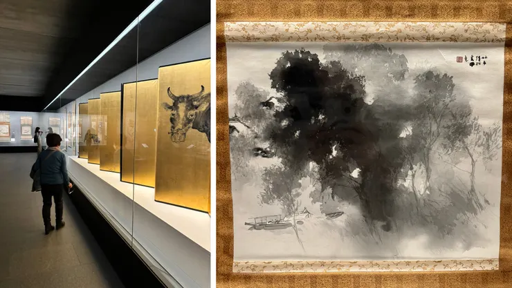 左：福田美術館內攝影。右：水鄉雨余｜竹內栖鳳,1926年頃,福田美術館藏。