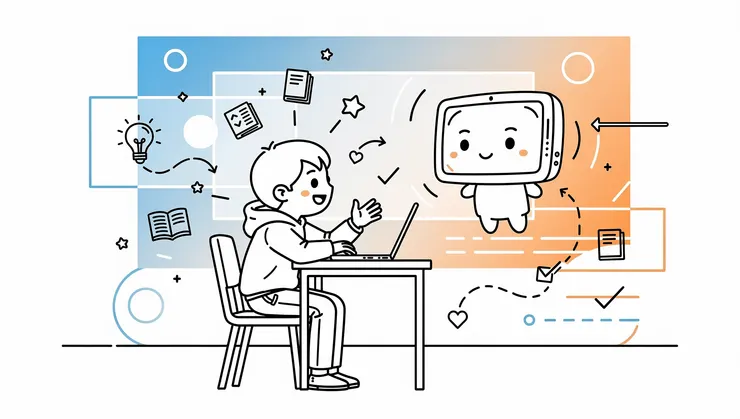 student reviewing learning journey with AI assistant, reflection and metacognition visualization