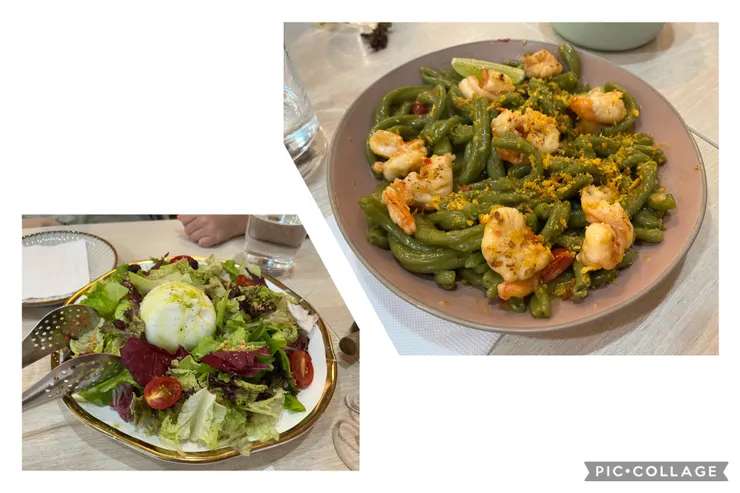 布拉塔起司沙拉、西班牙奶油蒜香麻花麵。