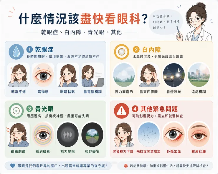 什麼情況該盡快看眼科？乾眼症、白內障、青光眼、其他