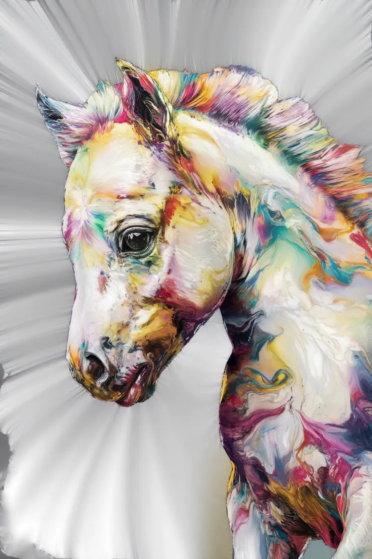 A 3D alcohol ink artwork of a side profile of a very cute white baby horse with The artwork has vibrant, zesty colors that blend seamlessly to capture the essence of this enchanting, colorful, and enigmatic creature. The fluid, organic nature of the alcohol ink is highlighted, accentuating the contrast between the rich whites and shimmering golds, creating a captivating and dynamic composition.