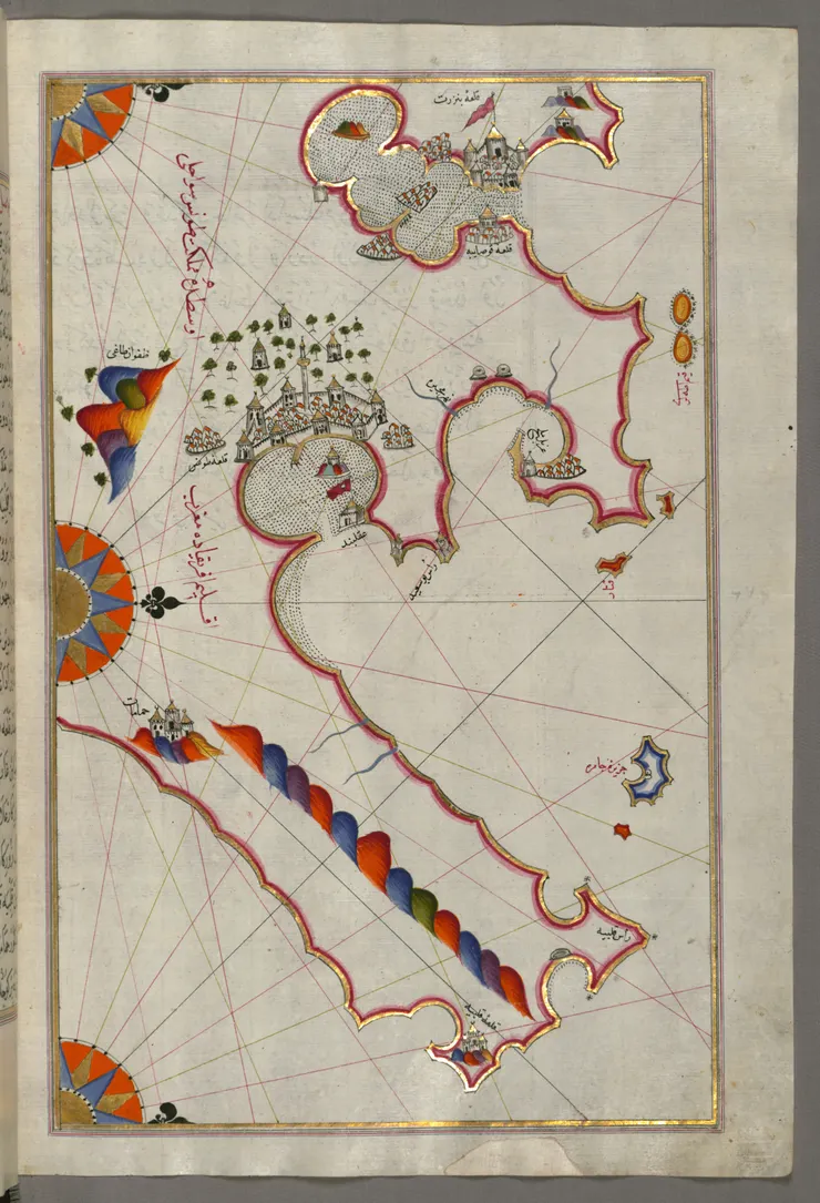 後來鄂圖曼時代的皮雷船長畫的突尼斯地圖。Wiki Commons, "Piri Reis - Map of the Tunisian Coast with the Ports of Bizerte and Tunis as Far as Kelibia - Walters W658279B - Full Page.jpg"