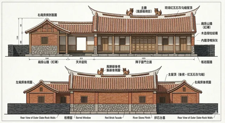 混成台式民居建築的側視及後視圖