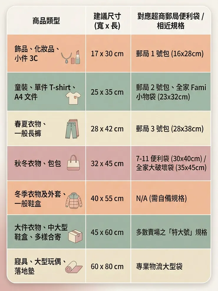 網拍常見商品對應破壞袋尺寸對照表：整理飾品、衣物、鞋盒及大型玩偶之建議尺寸（寬 x 長），並對應郵局與各大超商便利袋規格。