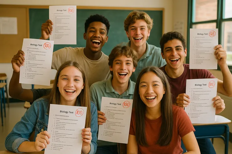 學生考好會覺得很開心 (小昕咒語Bing繪圖)