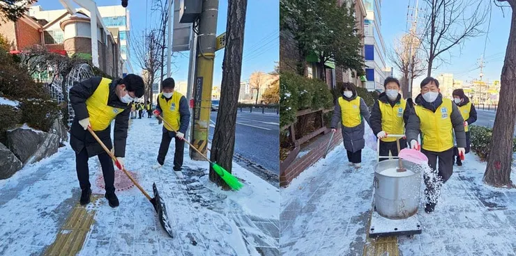 新天地志工服務團仁川分部於2026年1月24日在韓國仁川富平區一帶的人行步道進行除雪作業。(照片提供：新天地志工服務團）