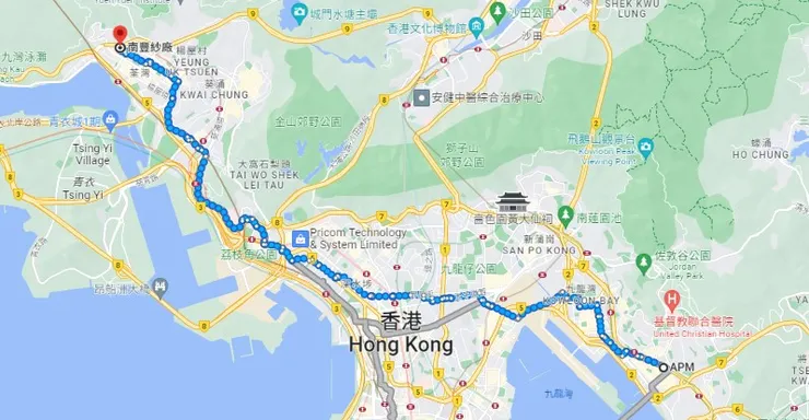 在google map顯示, 由觀塘APM商場至荃灣南豐紗廠的步行路徑