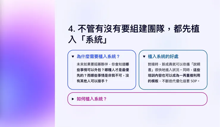不管有沒有要組建團隊，都先植入「系統」