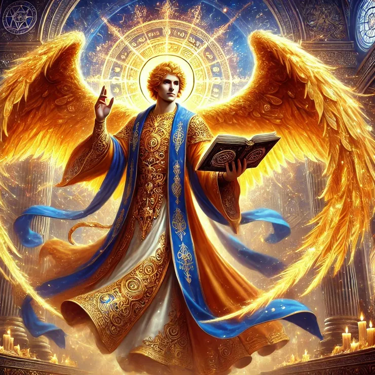 他是一位來自所羅門魔法和卡巴拉傳統的天使。畫面展現了他身披金色與深藍色的長袍，象徵著神聖智慧與神秘知識。他的巨大翅膀閃爍著琥珀色的神聖光輝，類似於哈希馬靈（Hashmalim）階級的火焰光輝。他手持一本刻有魔法符號的古老書卷，另一隻手施予神聖的祝福手勢