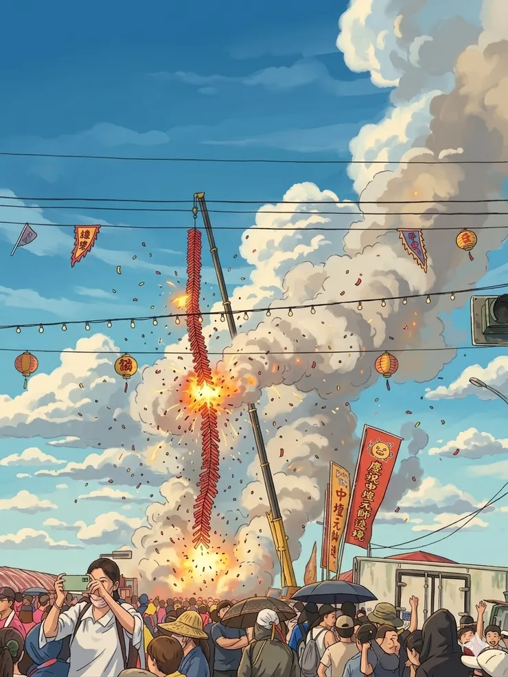 吊車式鞭炮迎接媽祖