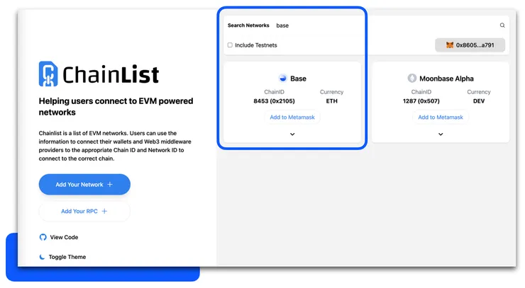 去 ChainList 為小狐狸錢包添加 Base 區塊鏈