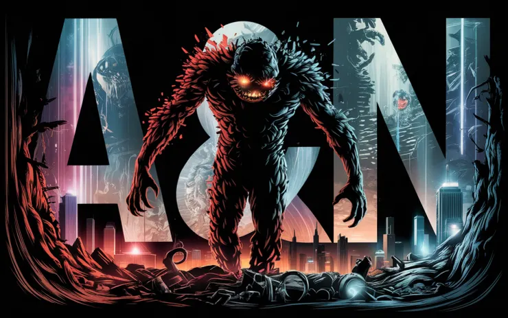 A 4K fan-art style illustration of the Cloverfield monster in an exaggerated, larger-than-life style, towering over a cityscape. The monster has a jagged, angular silhouette, with glowing fragments of destruction surrounding it. The creature's eyes glow intensely, and its body pulses with chaos. The city is in ruins, with bright neon lights scattered among the wreckage. The background contains faint glimpses of other creatures and portals from parallel dimensions. The letters "A&N" are subtly integrated into the scene, blending seamlessly into the background.